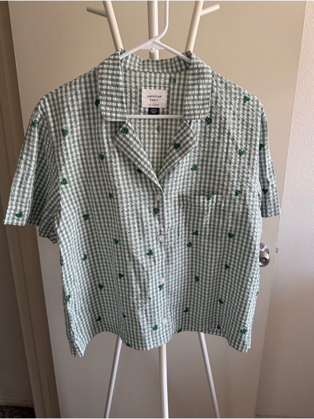 American Eagle Outfitters Mint Green Gingham Short-Sleeve Button-Up